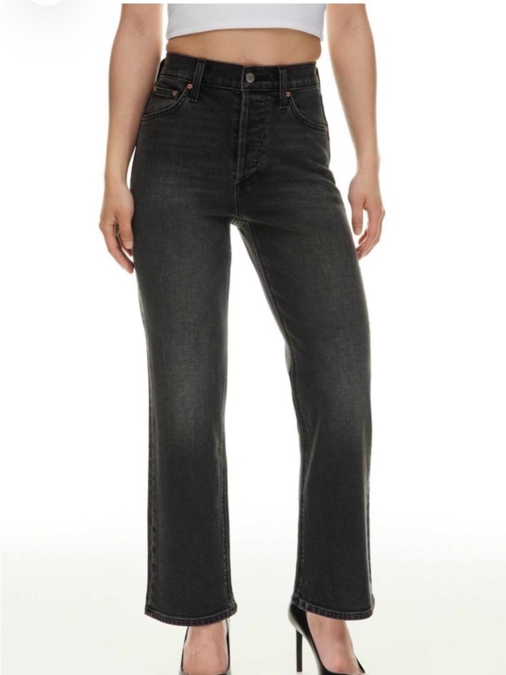 Denim Forum| Aritzia| Black Denim The Arlo High Rise Straight Leg Jeans Sz 25